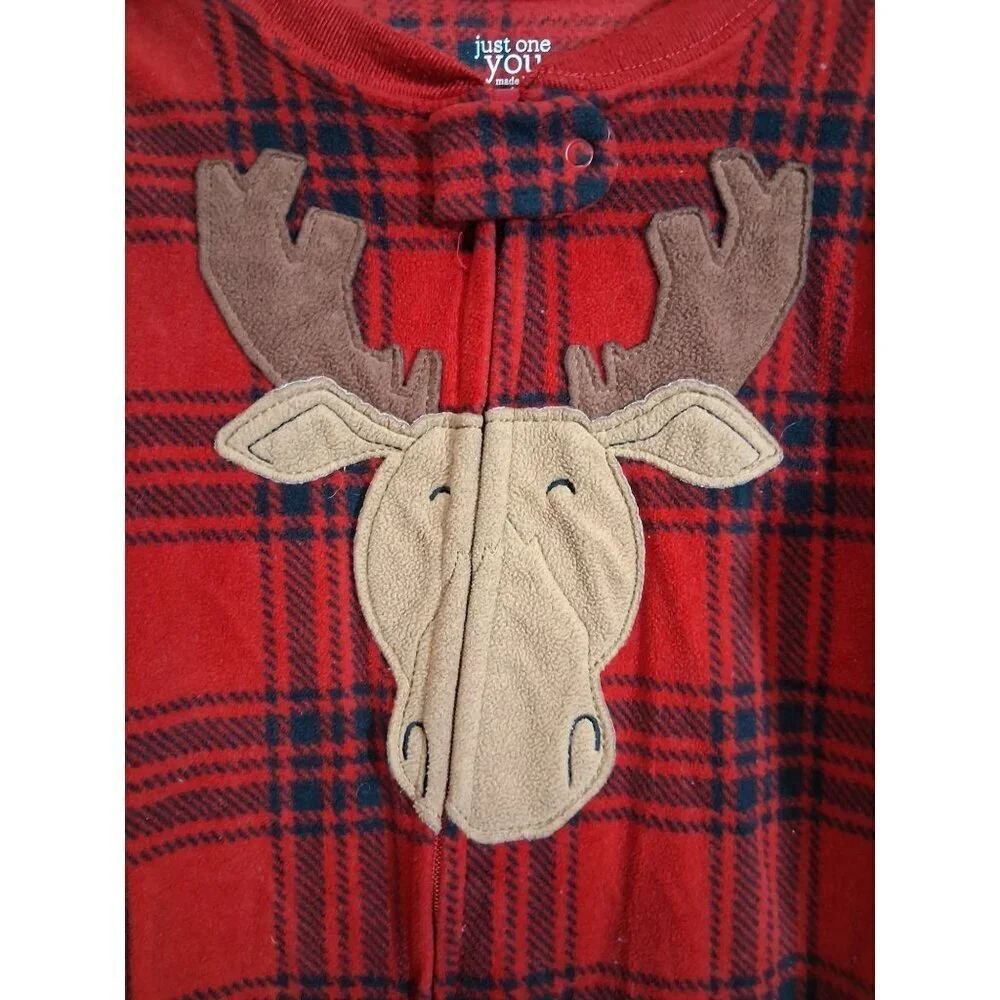 Carters Fleece Pajamas Footie Christmas Reindeer Plaid Sleepwear Unisex Red 5T